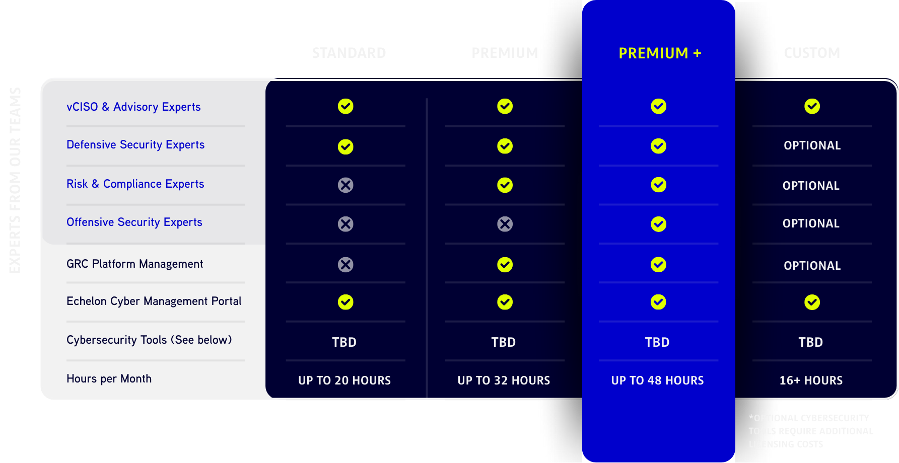 Comparison chart for vCISO service tiers + breakdown of included cybersecurity expertise and monthly support hours