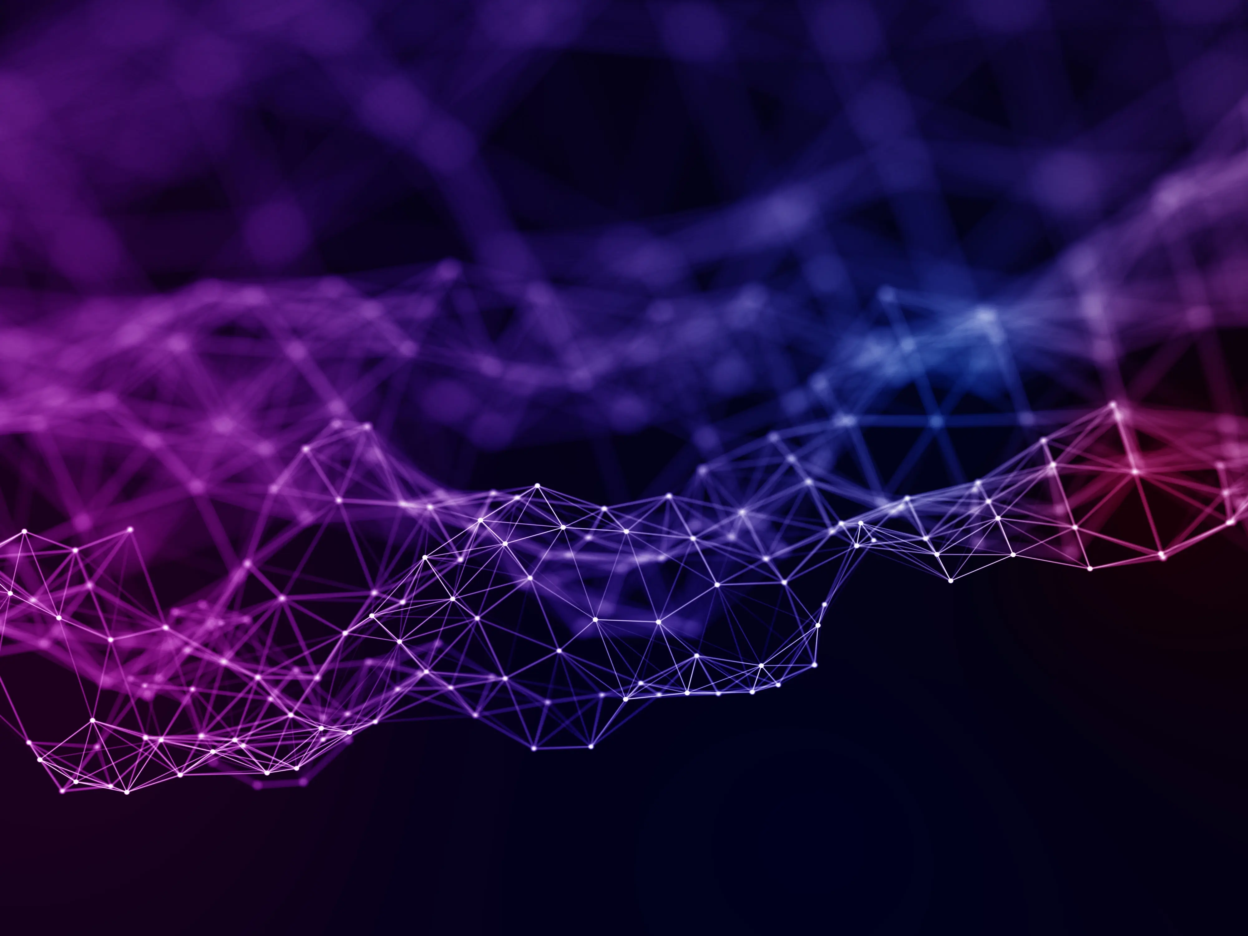 Abstract 3D geometric network formed by glowing dots and lines in purple, magenta, and blue tones against a dark, blurred background