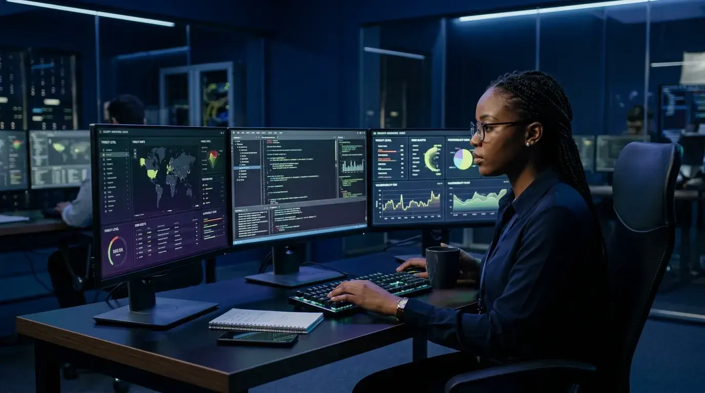 Cybersecurity analyst monitoring threat dashboards and security alerts at a multi-screen workstation in a SOC